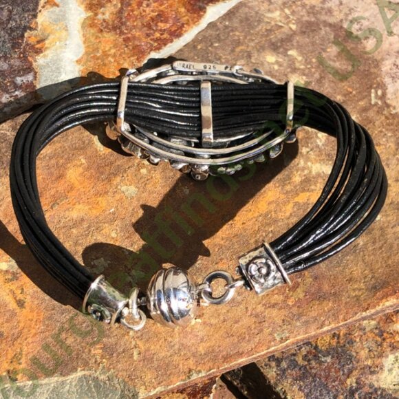 Sterling Silver Floral Buckle Bracelet on Black Leather Cording - Picture 2 of 5